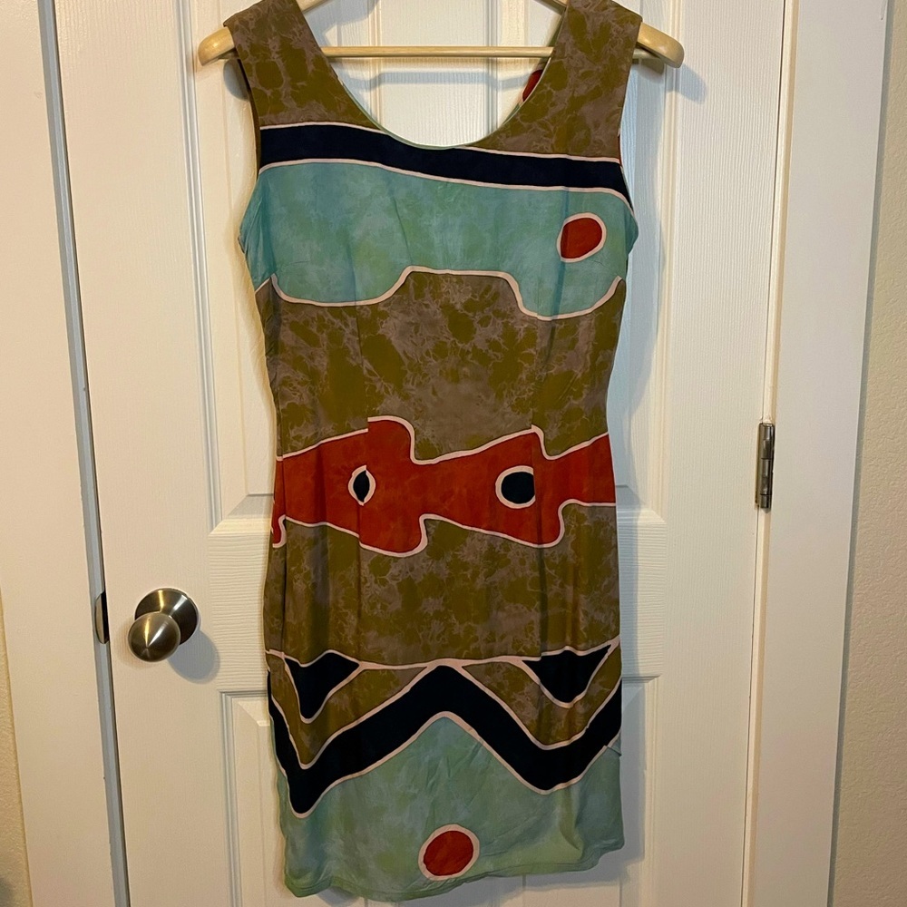 Caribelle Batik sleeveless brown/green/red sheath dress woman’s sz S (?)